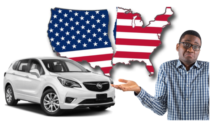 White 2019 Buick Envision with United States shaped flag divided and indecisive man