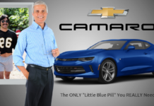 Blue 2019 Chevy Camaro with baby boomer now and then pictures