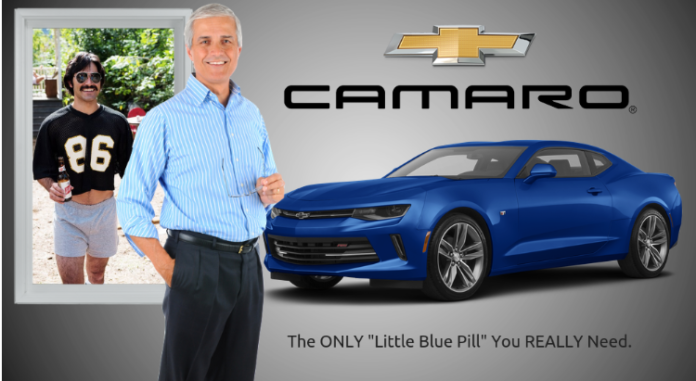 Blue 2019 Chevy Camaro with baby boomer now and then pictures