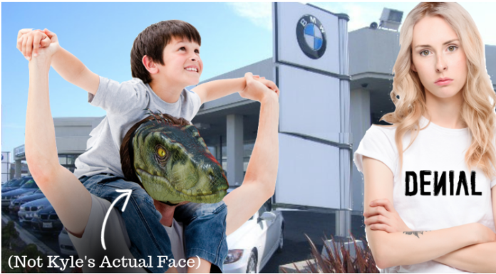 BMW Cincinnati dealership with child on lizard man's shoulders and wife in denial