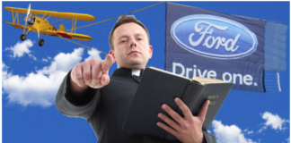 Priest pointing with biplane pulling Ford banner behind him
