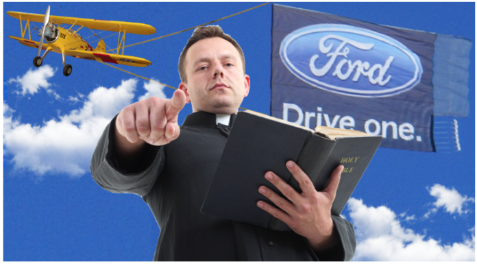 Priest pointing with biplane pulling Ford banner behind him