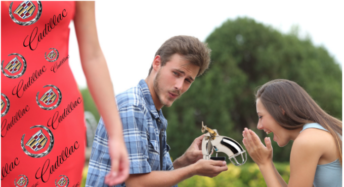 Man proposing with male chastity device while checking out woman in a Cadillac dress