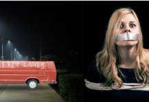 Red van with "Free candy" written on side and woman tied up with duct tape over mouth