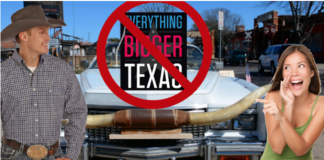 A laughing woman and cowboy in front of a Cadillac with bull horns and a crossed out sign reading 'Everything is bigger in Texas'
