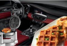 A waffle maker with mozzarella sticks inside a red Alpha Romeo interior