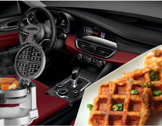 A waffle maker with mozzarella sticks inside a red Alpha Romeo interior