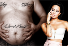 Large man with "Stay Strong" and "Demi Lovato" tattooed on chest, Demi Lovato holding face, on black background