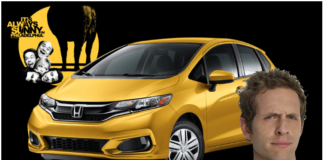 Yellow Honda Fit with Always Sunny in Philadelphia logo and Dennis' face