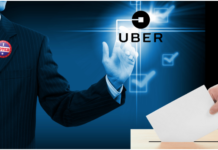 Man in suit ballot box Uber logo