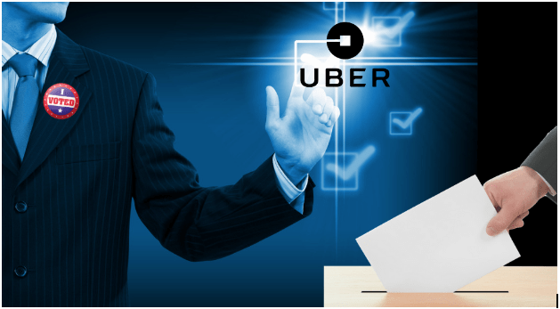 Man in suit ballot box Uber logo