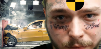 Post Malone's face with a crash test logo on forehead. Car crash test in background