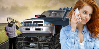 Lifted truck with truck accessories, man with guitar, woman on phone