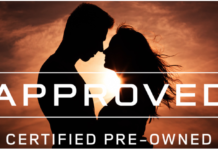 Silhouette of man and woman in front of sunset with "Approved, certified pre-owned" text