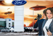 News reporter woman and cameraman outside Ford dealer with alien spaceships abducting people and cars