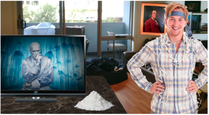 Man with tie on head in room with painting of Ben Franklin, TV shows Mr. Freeze from Batman, pile of cocaine on table
