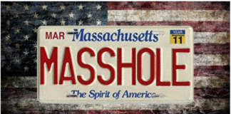 Weathered United States flag with Massachusetts license place reading "masshole"