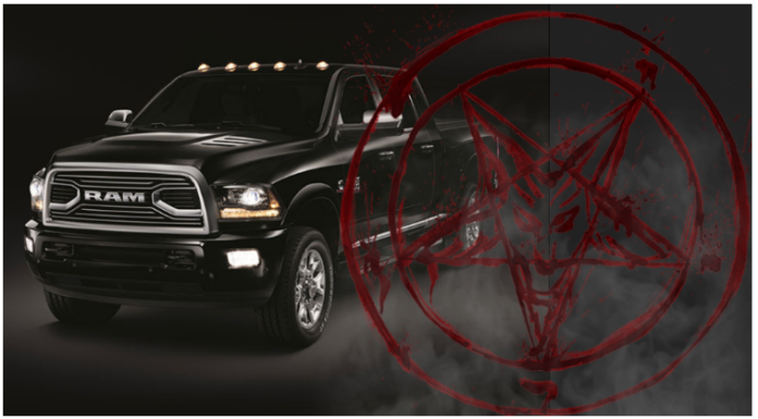 Satanic Pentagram over Ram truck, on black