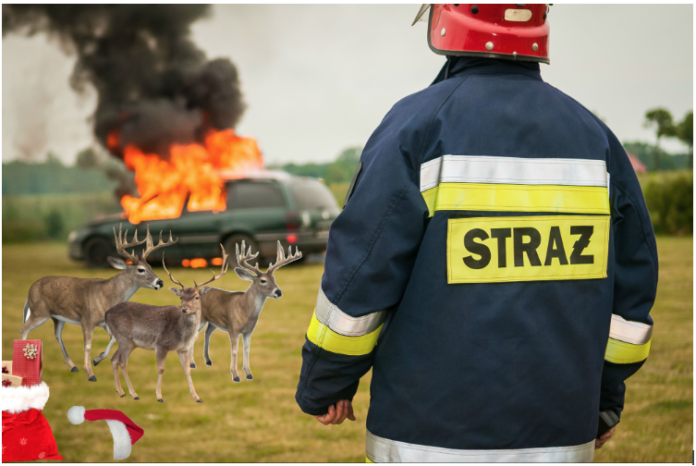 Flaming car in back with reindeer, presents and a fireman in front