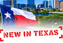 The Texas flag with the words "New In Texas" in front