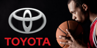 The Toyota logo on black with a basketball player