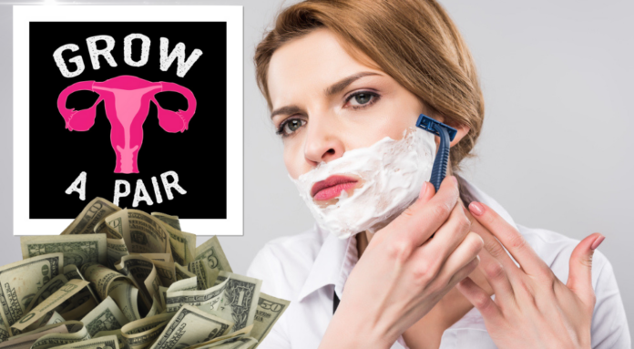 A woman shaving her face, a pile of money and a sign that reads 