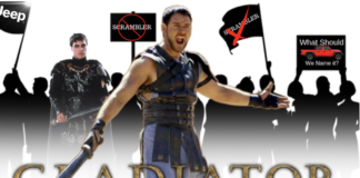 A satire live auto news photo depicting how the Gladiator got its name