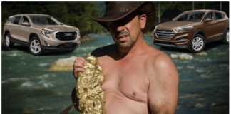 A shirtless gold prospector comparing two SUVs