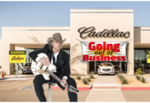 A country singer sits in front of a closing Cadillac dealership