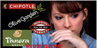 A woman looks contemplative at multiple chain restaurant logos