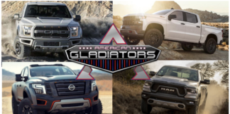 A series of off-roading trucks and the American Gladiators logo 2019 GMC Sierra 1500 vs 2019 Nissan Titan