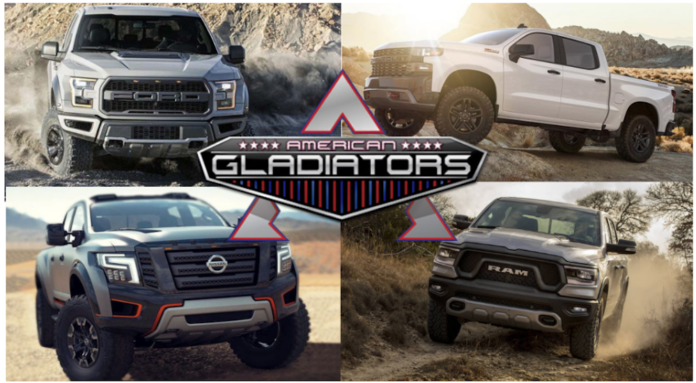 A series of off-roading trucks and the American Gladiators logo 2019 GMC Sierra 1500 vs 2019 Nissan Titan
