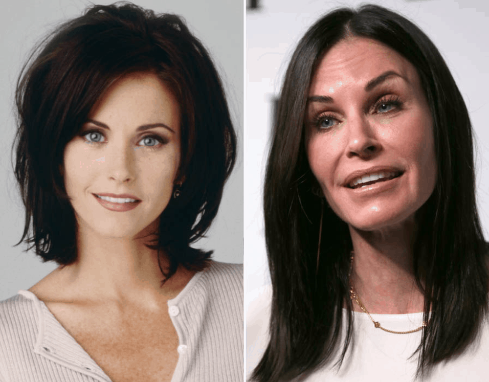 Side by side of 90s and current Courtney Cox