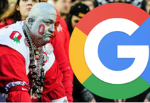 Ohio fan with red and silver painted face next to Google logo