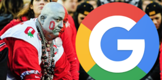 Ohio fan with red and silver painted face next to Google logo