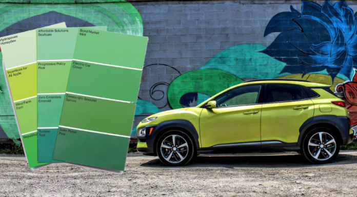 A lime green crossover is shown with shades of green paint swatches. The images is in relation to the comparison of the 2019 GMC Terrain vs 2019 Chevy Equinox