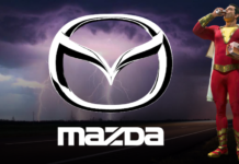 The Mazda symbol in a storm next to DC's Shazam! in live auto news