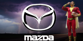 The Mazda symbol in a storm next to DC's Shazam! in live auto news