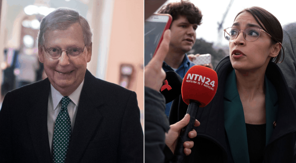 A side by side of Mitch McConnell and Ocasio-Cortez speaking into a microphone. 