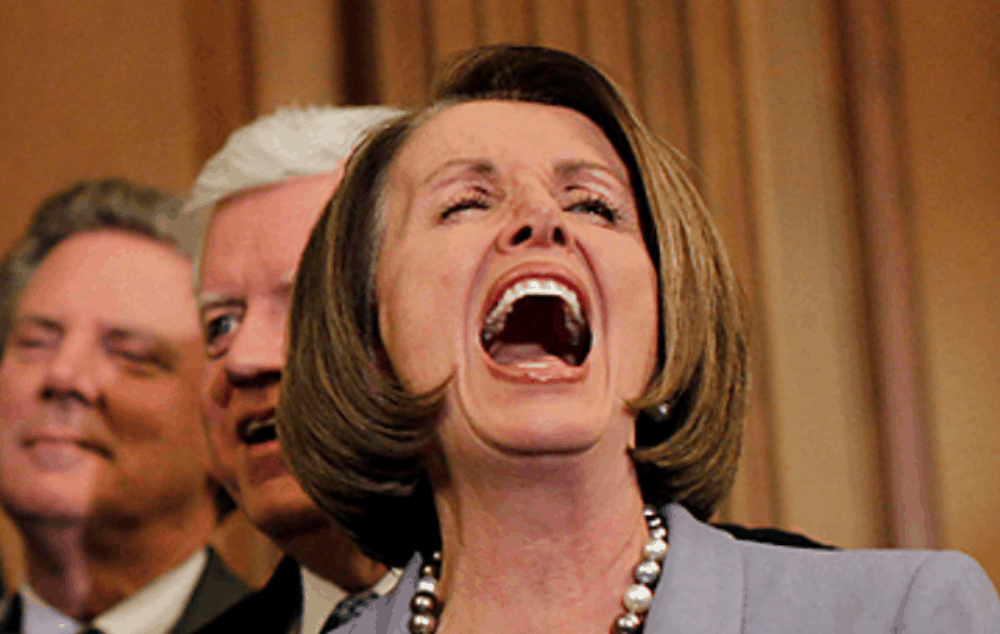 Nancy Pelosi has her mouth wide open and two male politicians are standing behind her.