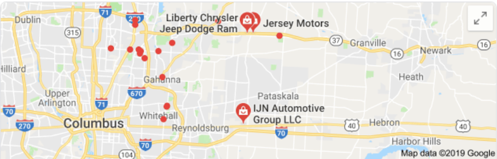 Map of dealerships in Columbus, none of which are Ford Dealers in Ohio