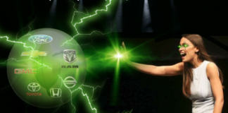 Ocasio-Cortez has green eyes and green lightening bolts from her hand that are surrounding a bubble of truck brand logos. Her truck attack may help people choose between the 2019 Chevy Silverado vs 2019 RAM 1500.