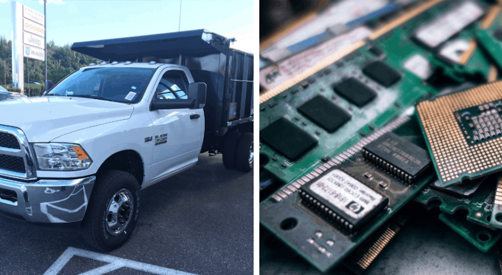 Side by side of a Ram truck and a ram electronic chip
