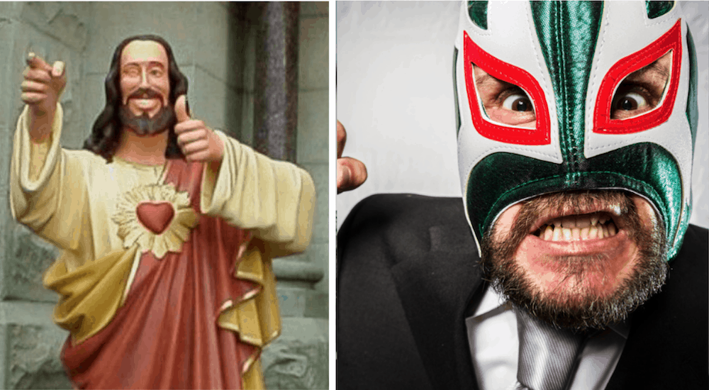 Jesus with thumbs up next to ex wrestler Jesus who sells used cars near Louisville