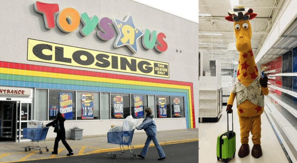 Toys R Us with closing sign next to giraffe mascot 