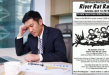 A business man is confused with a River Rat Race from Athol MA poster in the image. He is confused about what the comparison of 2019 GMC Terrain vs 2019 Jeep Cherokee has to do with Toyota.