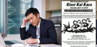 A business man is confused with a River Rat Race from Athol MA poster in the image. He is confused about what the comparison of 2019 GMC Terrain vs 2019 Jeep Cherokee has to do with Toyota.