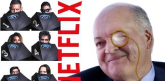 Jim Hackett is shown with a monocle next to the Netflix logo and six people are holding numbered Ford umbrellas.
