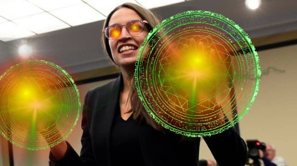 Ocasio-Cortez is shown with orange glowing eyes and circular glowing light coming from her hands.