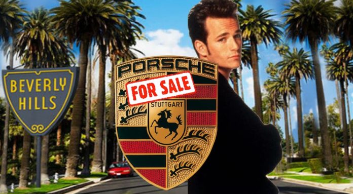 Luke Perry is shown on a Beverly Hills background with a for sale Porsche emblem in front of him.